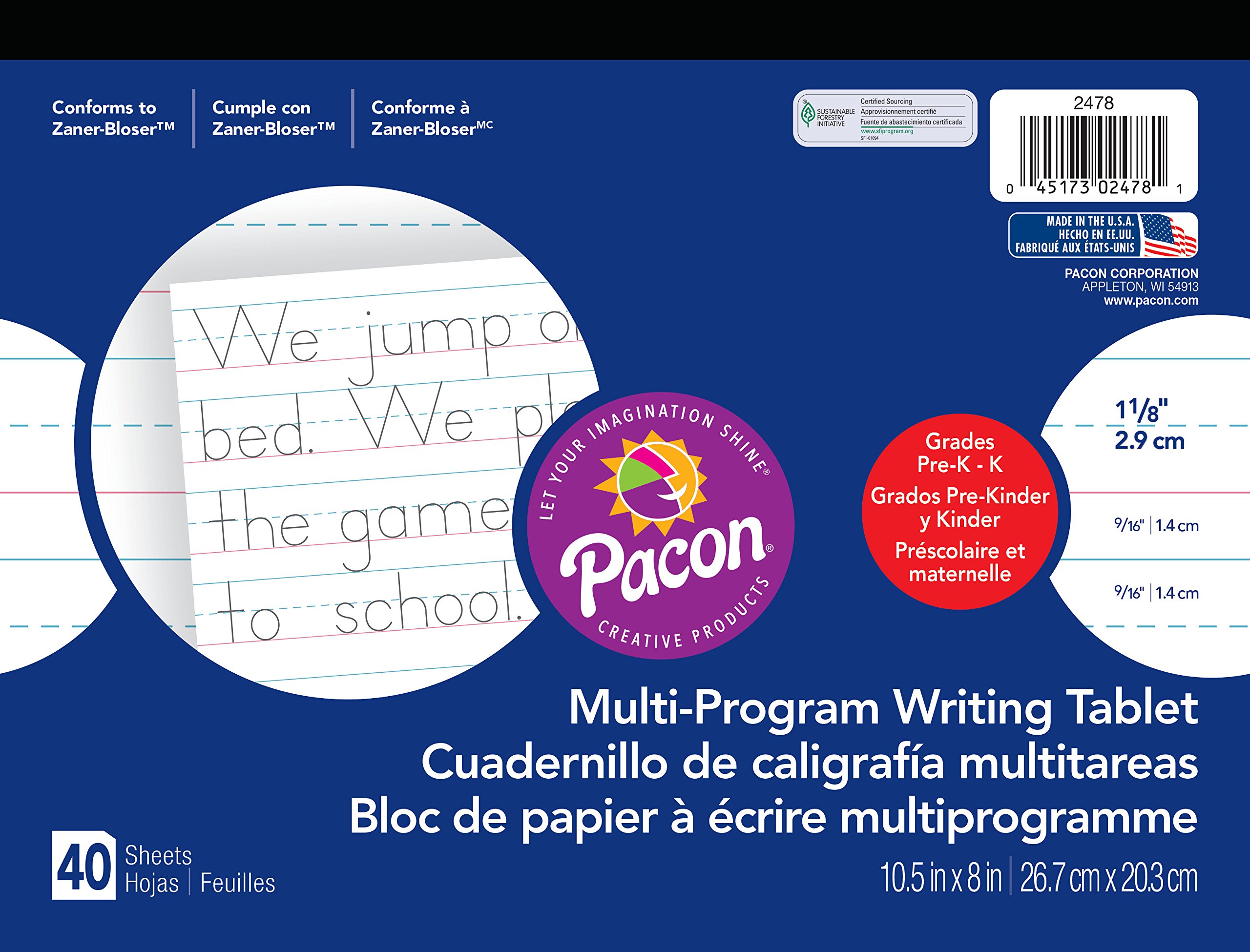 PaconHandwriting Paper, Zaner-Bloser Grades Pre-K & K, 1-1/8" x 9/16" x 9/16" Ruled 10-1/2" x 8", Ruled Long, 40 Sheets