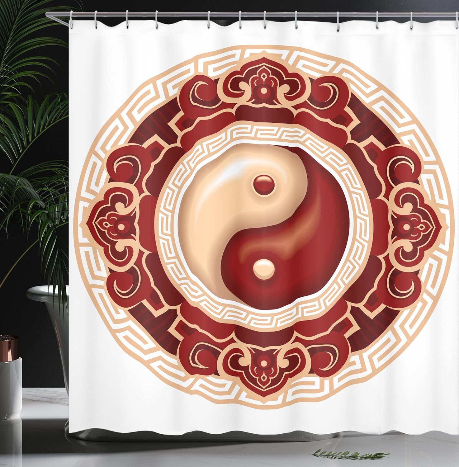 Ambesonne Ying Yang Shower Curtain, Traditional Cultural Floral Ornamental Patterns Balance, Cloth Fabric Bathroom Decor Set with Hooks, 69" W x 70" L, Maroon Cream White