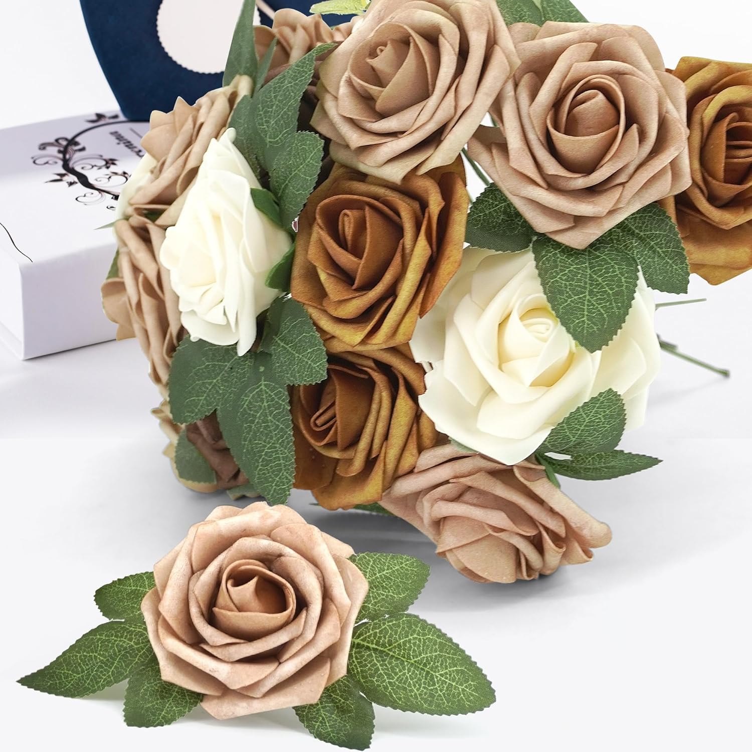 Artificial Flower Foam Rose Silk Rose 25pcs Real Looking Fake Rose with Stems Leaves for Home Decoration Party Garden Centerpieces DIY Wedding Bouquets（Shades of Caramel Tones） - Image 5