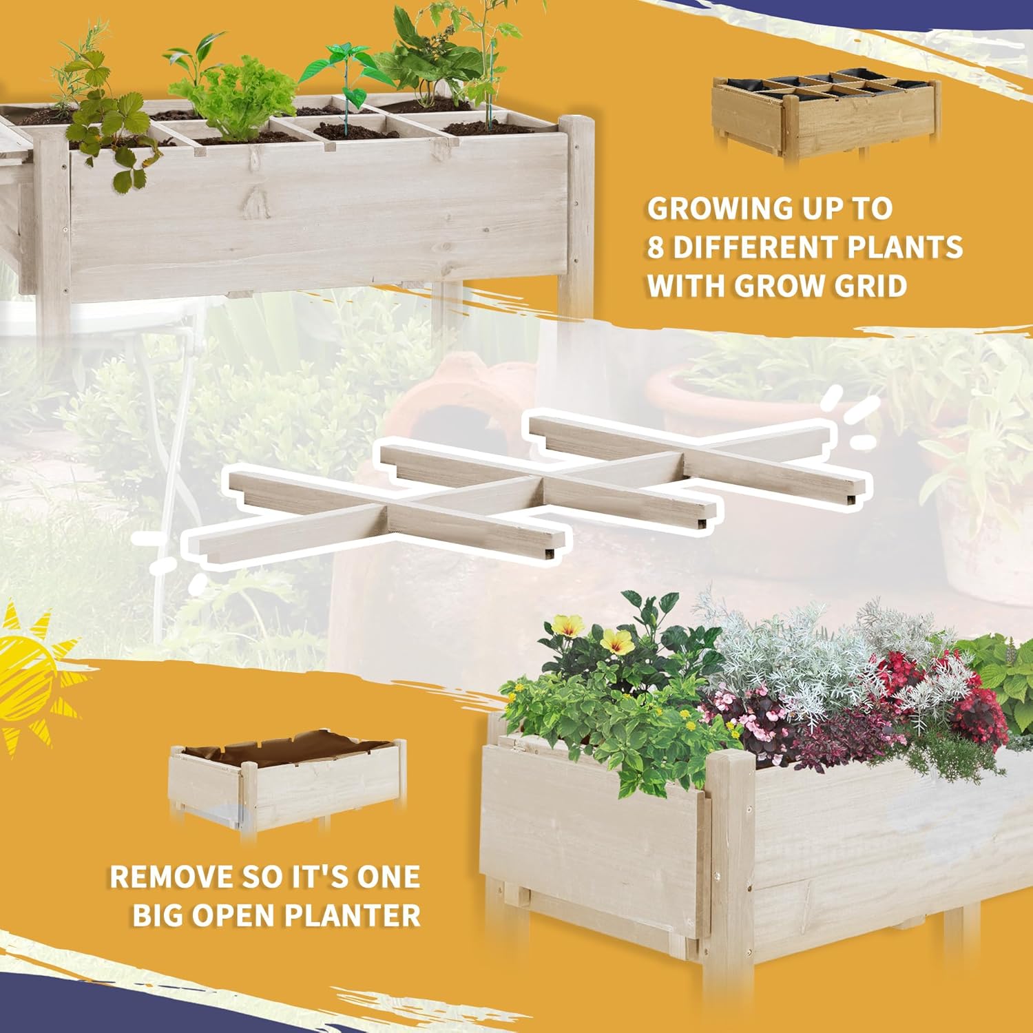Image illustrating the option to use grow grids for 8 separate plants or remove them for one large planter