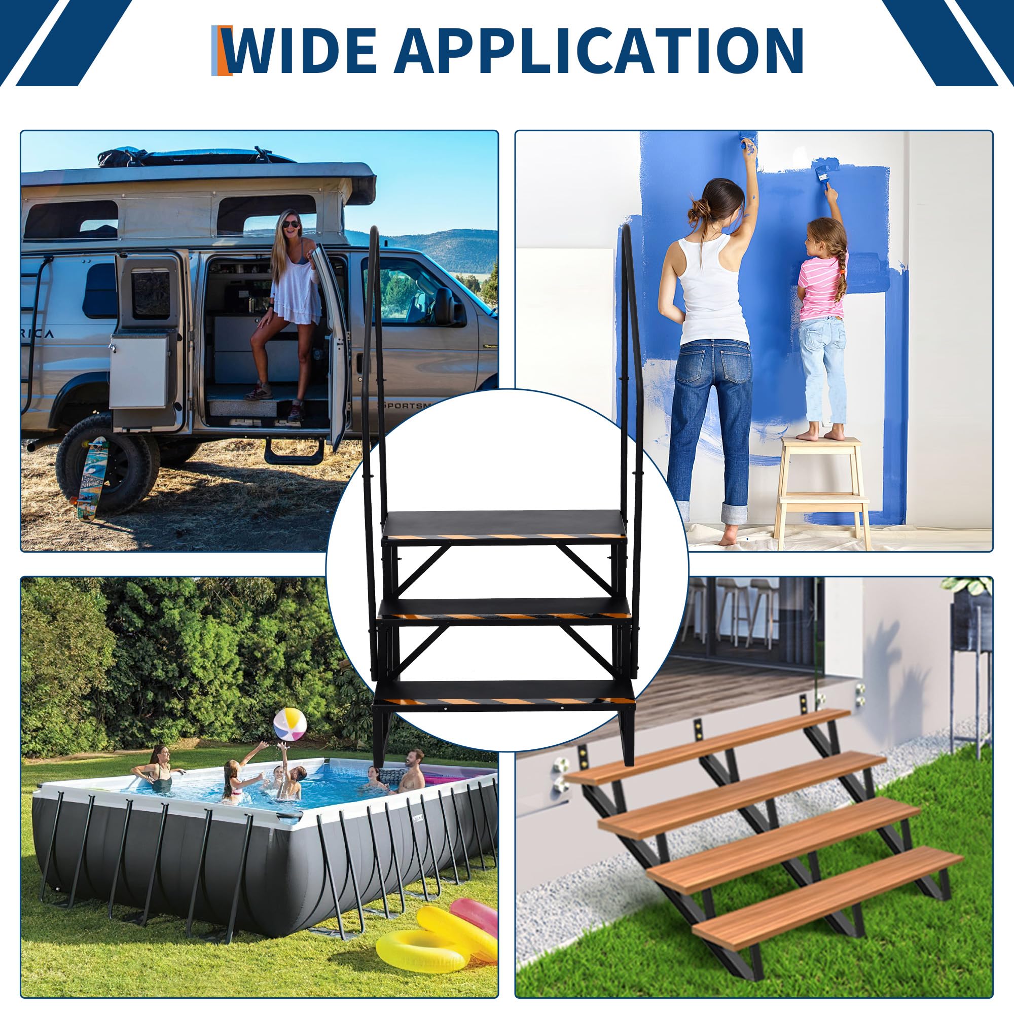 Escalera para autocaravana, escalón de autocaravana de 3 niveles con 2 pasamanos, escalón con plataforma antideslizante ancha, capacidad de carga de 200 kg para seguro, para autocaravana, remolque