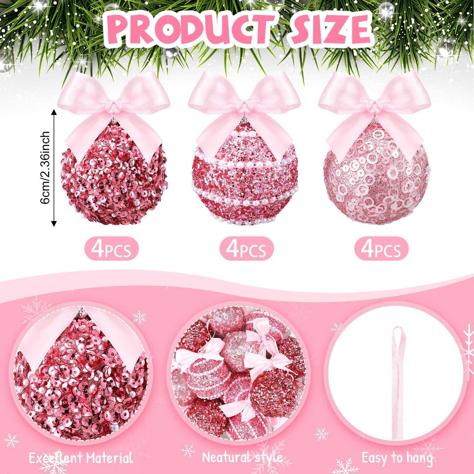 Hungdao Lot de 12 boules de Noël roses à suspendre en plastique incassable avec nœud coquette pour fêtes de Noël