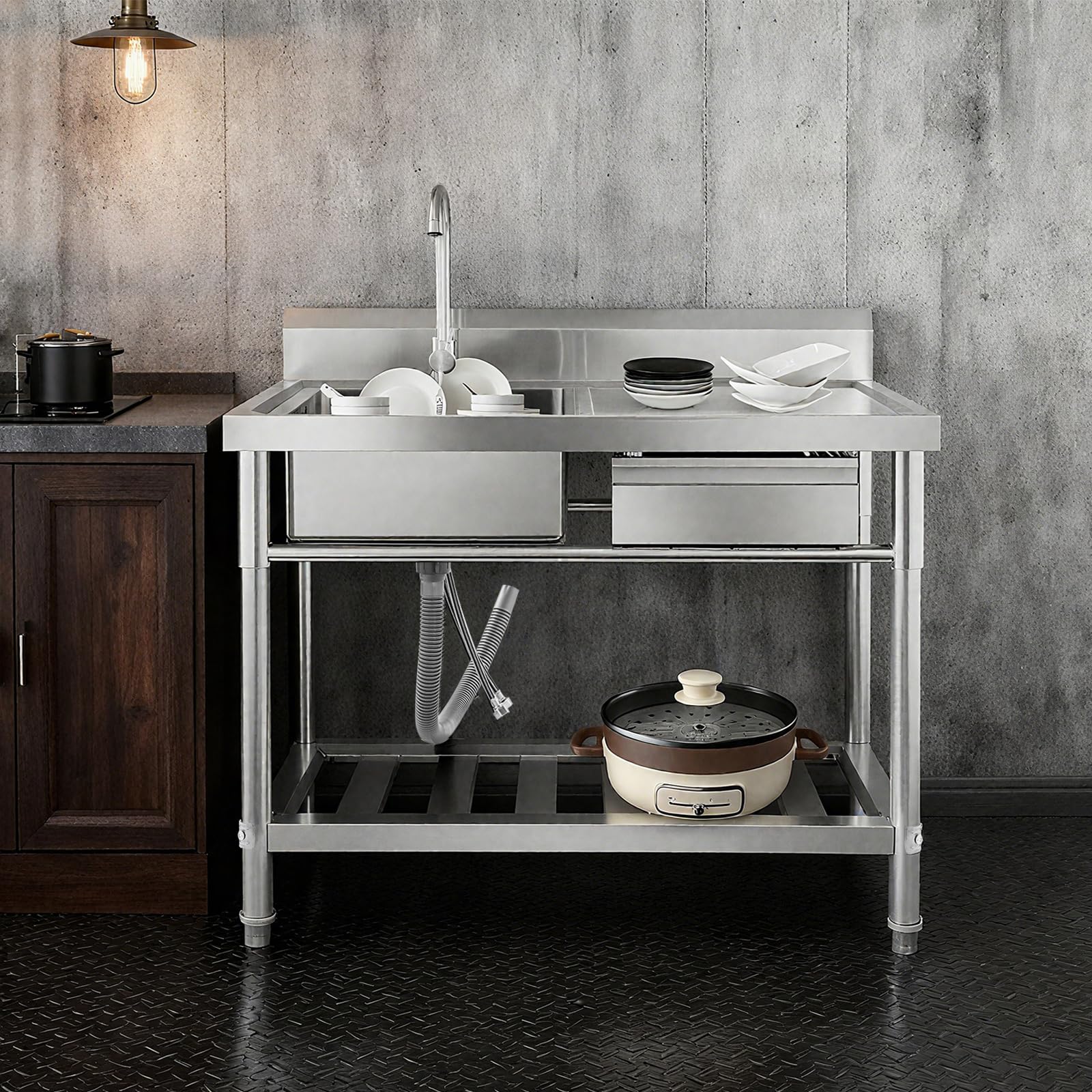 Évier en acier inoxydable, Évier individuel autonome, Évier de restaurant commercial avec robinets et tiroir, Évier de cuisine pour cuisine, garage, buanderie, 100 x 60 x 80 cm (gauche)
