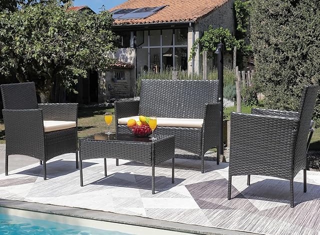 4pcs Rattan Outdoor Garden furniture sofa set with 2x Armchairs 1x Double Sofa & 1 table for indoor & outdoor (Roger) (Black)