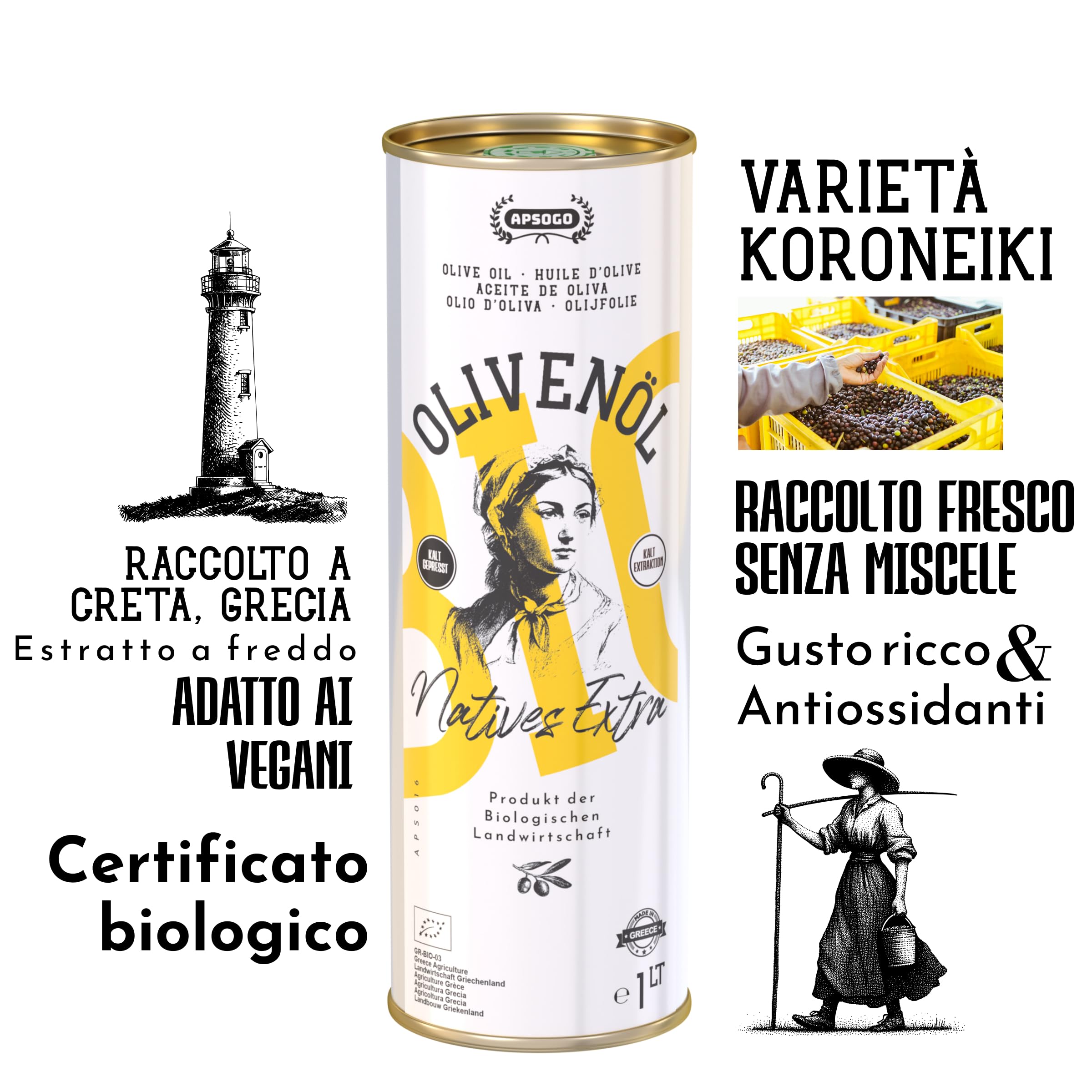 Apsogo Olio Extravergine di Oliva Biologico - EVOO Greco da Creta, 1L | Olio extravergine di oliva biologico da Creta, Grecia - spremuto a freddo, gusto fresco e fruttato con finale piccante.