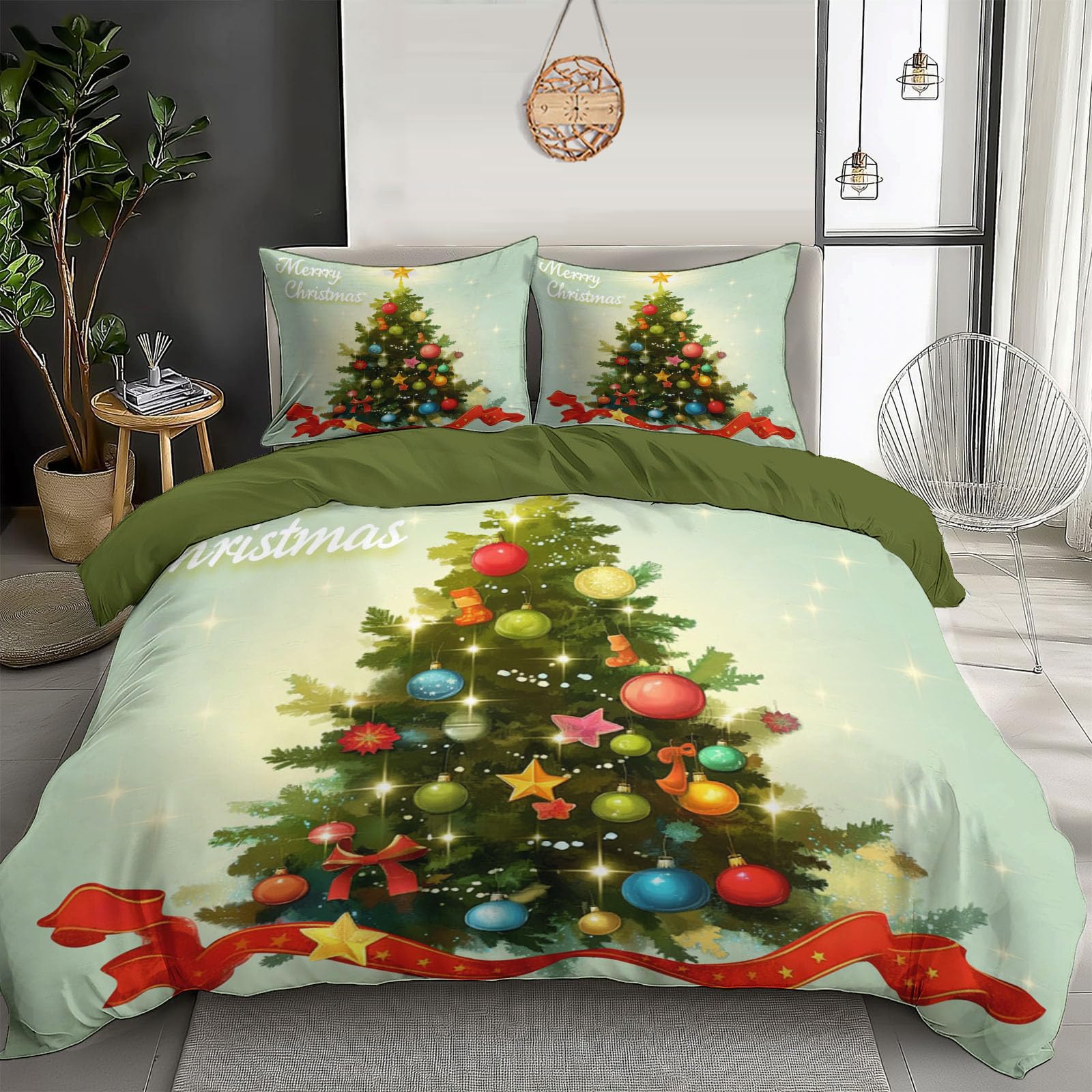 Housse de couette 200x200cm verte sapins de Noël idée cadeau lit 2p
