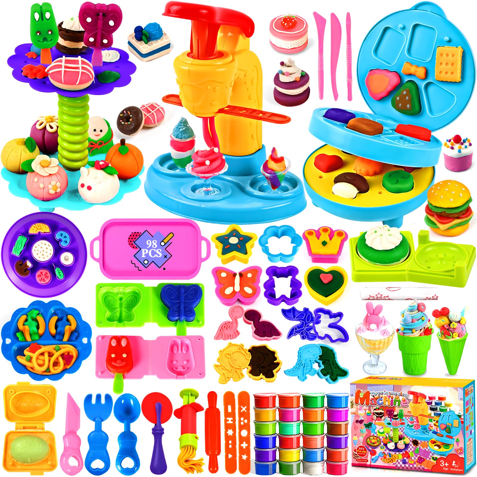 NLMWTI Juego de Plastilina, 98 Piezas de Moldes plastilina con 24 Cajas Plastilina para Crear Hamburguesa, Pizza y Pasta Set Plastilina Herramientas de Modelado para Niños, Regalo a Partir de 3 años
