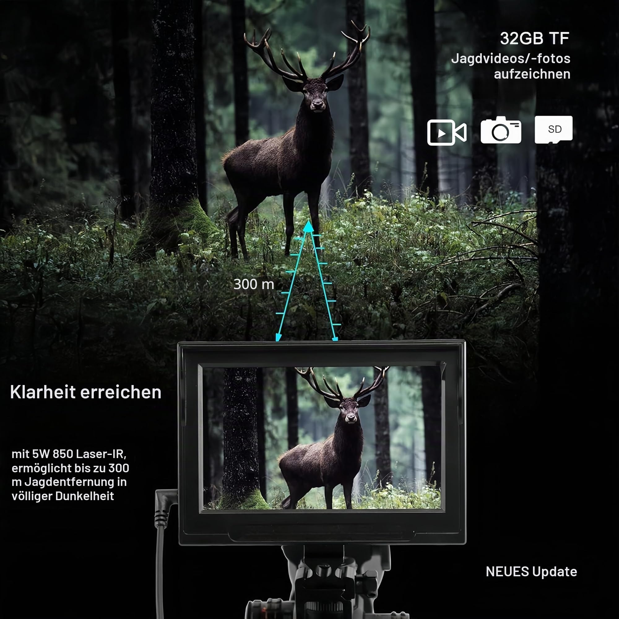 KinZon HD-Nachtsichtbrille für die Jagd, professionell, SD-Karte 32 G im Lieferumfang enthalten, Infrarot HD 720P mit 4,3 Zoll Bildschirm.