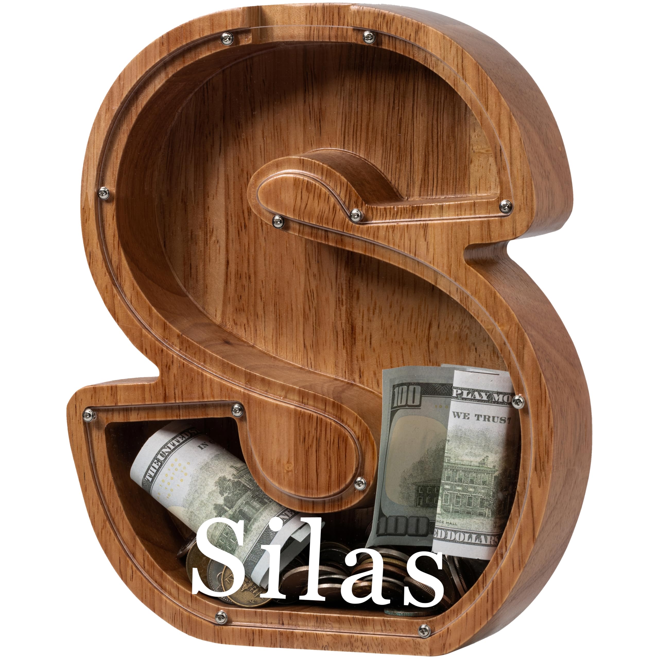 Personalized Large Wooden Kids Letter Piggy Bank - (Laser Engraved) Custom Piggy Bank for Boys Girls - Wooden Banks with Initials - Alphabet Money Box