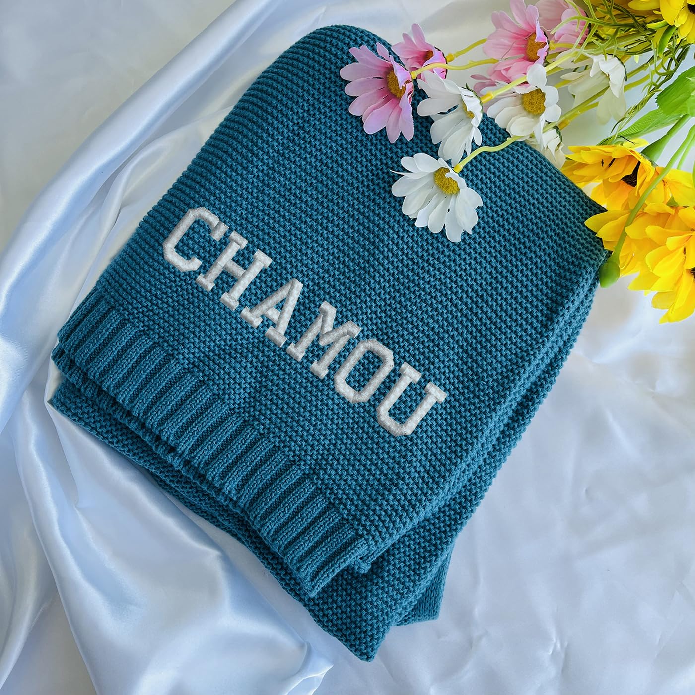 Personalized Embroidery Baby Blanket, Custom Knit Blanket for Baby, Gift for Newborn Baby, Stroller Blanket with Name, Nursery Blanket (Peacock Blue,Embroidery Name)