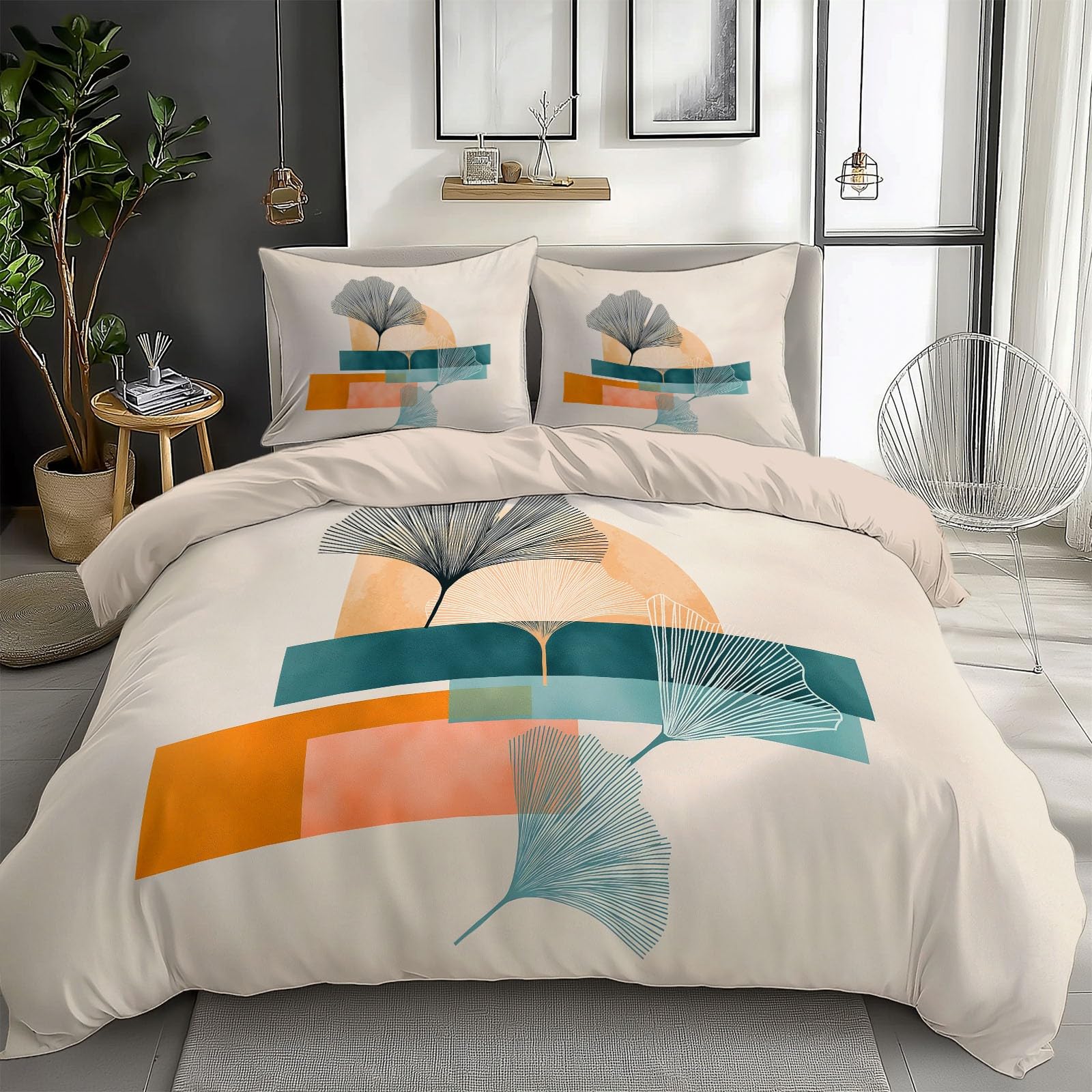 Housse de couette 200 x 200 sans repassage motif ginkgo abstrait
