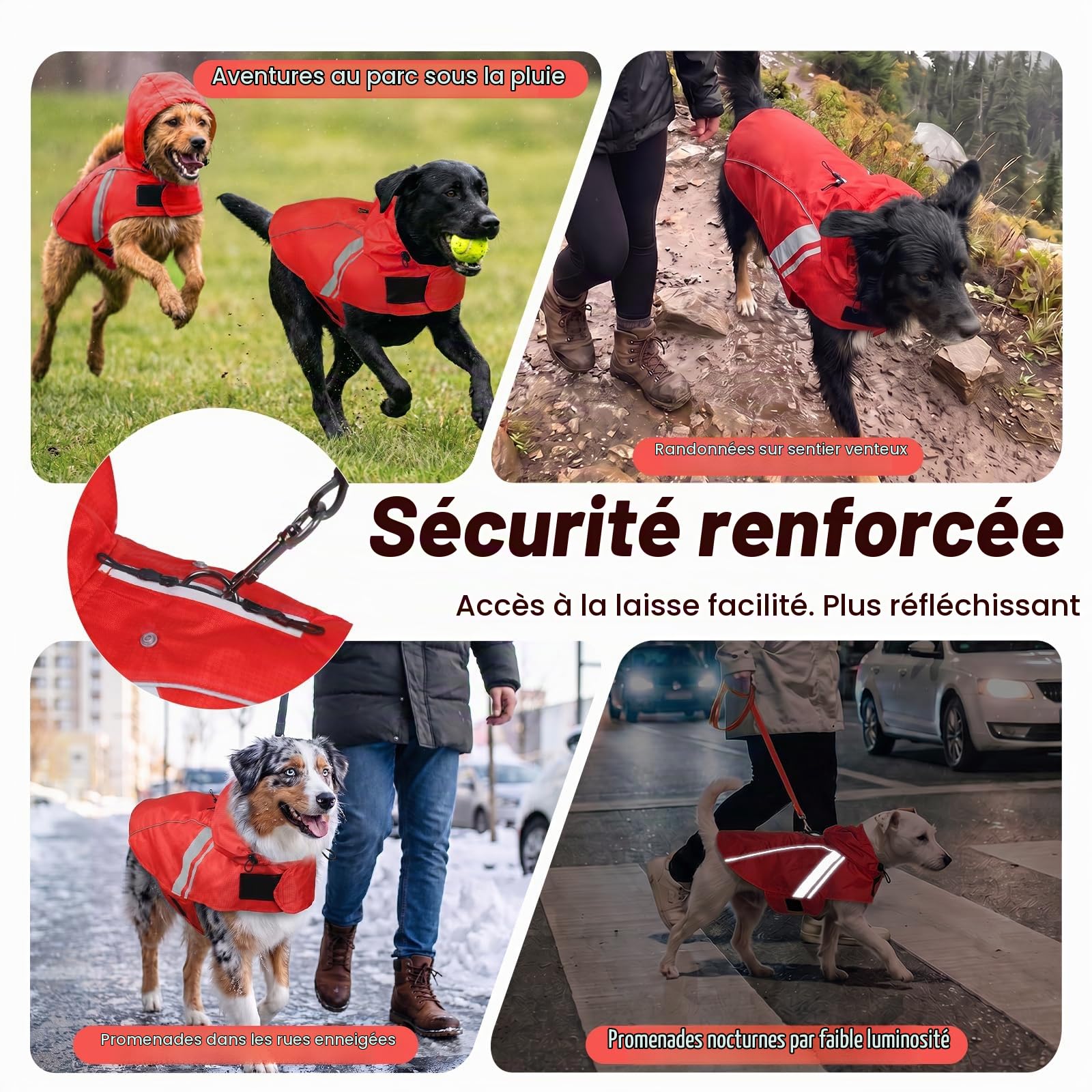 VIVAGLORY Manteau de Pluie pour Chiens Moyens, vêtements de Pluie pour Animaux faciles à Enfiler et à enlever, Gilet de sécurité réfléchissant léger et Respirant pour Chiens, Rouge