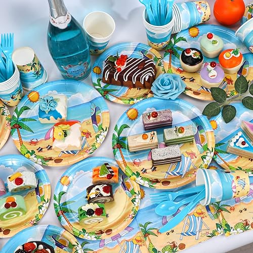 Miniatura 4 de Atonofun Suministros para fiestas de playa, juego de platos y servilletas de playa, platos de playa desechables, vasos, servilletas y cubiertos para