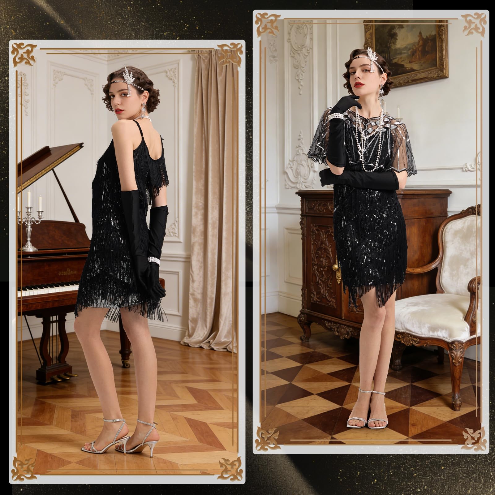 Joellfuner 20er Jahre Kostüm Damen, Gatsby Fransen Kleid Damen, Charleston Flapper Pailletten Outfit mit Kopfbedeckung Handschuhen Halskette Armband Ohrringen für Halloween Karneval Fasching