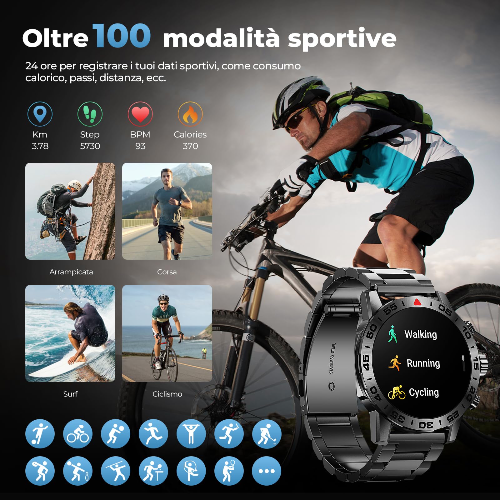 TIFOZEN Smartwatch Uomo, 1,39" Militare Orologio con Effettua/Risposta Chiamate, 110+ Sportive Rilevatore attività, Cardiaca/SpO2/Sonno Monitor, IP68 Impermeabil Fitness Watch per iOS Android