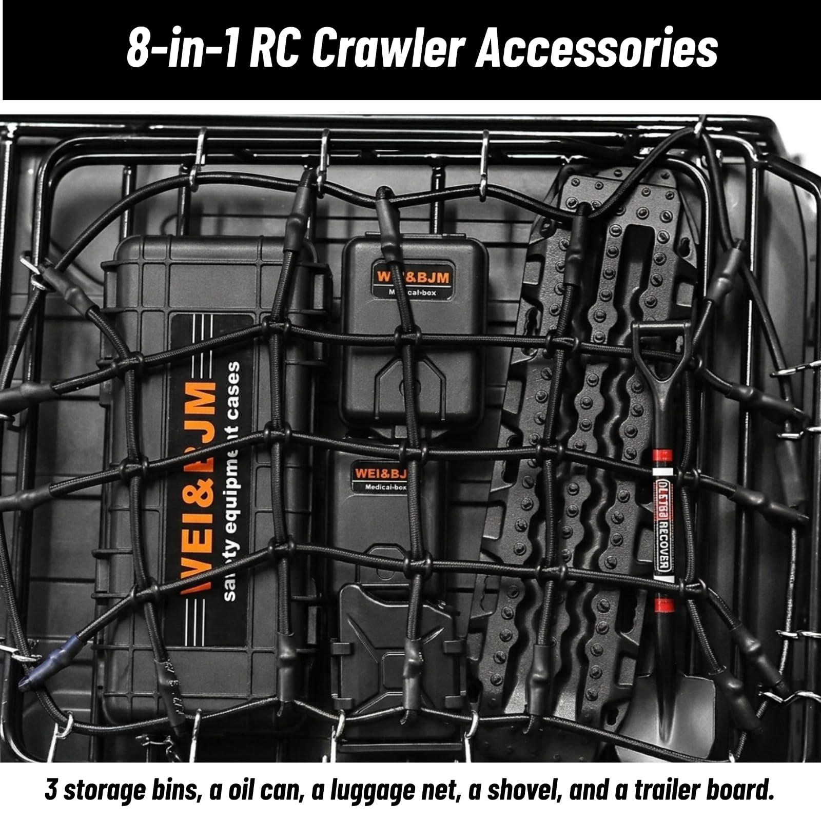 Accessoires pour RC Crawler 1/10, Décoration de Toit de Voiture RC avec Filet de Bagages & Kit Scale Deko Adapté aux Modèles 1:10 comme Traxxas TRX-4,Axial SCX10 III (Noir 1/10)