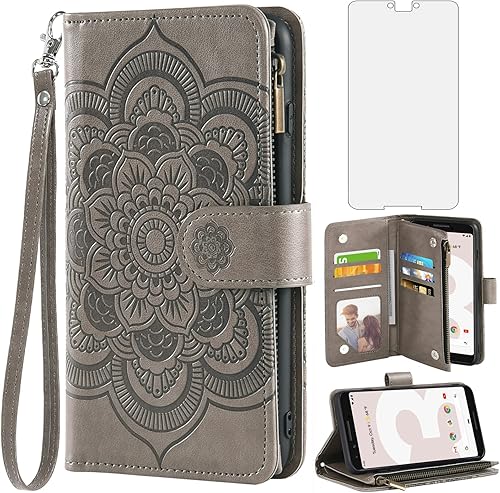 Asuwish Compatible con Google Pixel 3 XL - Funda tipo cartera y protector de pantalla de vidrio templado, soporte para tarjeta de crédito, soporte