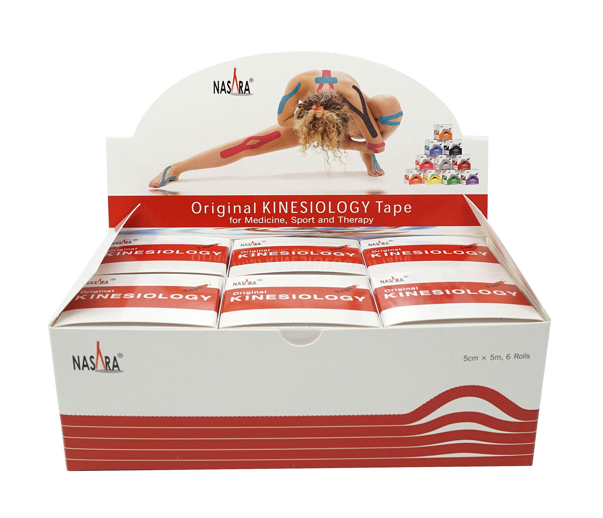 ATC Handels GmbH Nasara Lot de 6 bandes de kinésiologie 5 x 5 cm avec instructions de collage incluses – Bande de kinésiologie – Bande de fitness – Imperméable et respirant, rouge
