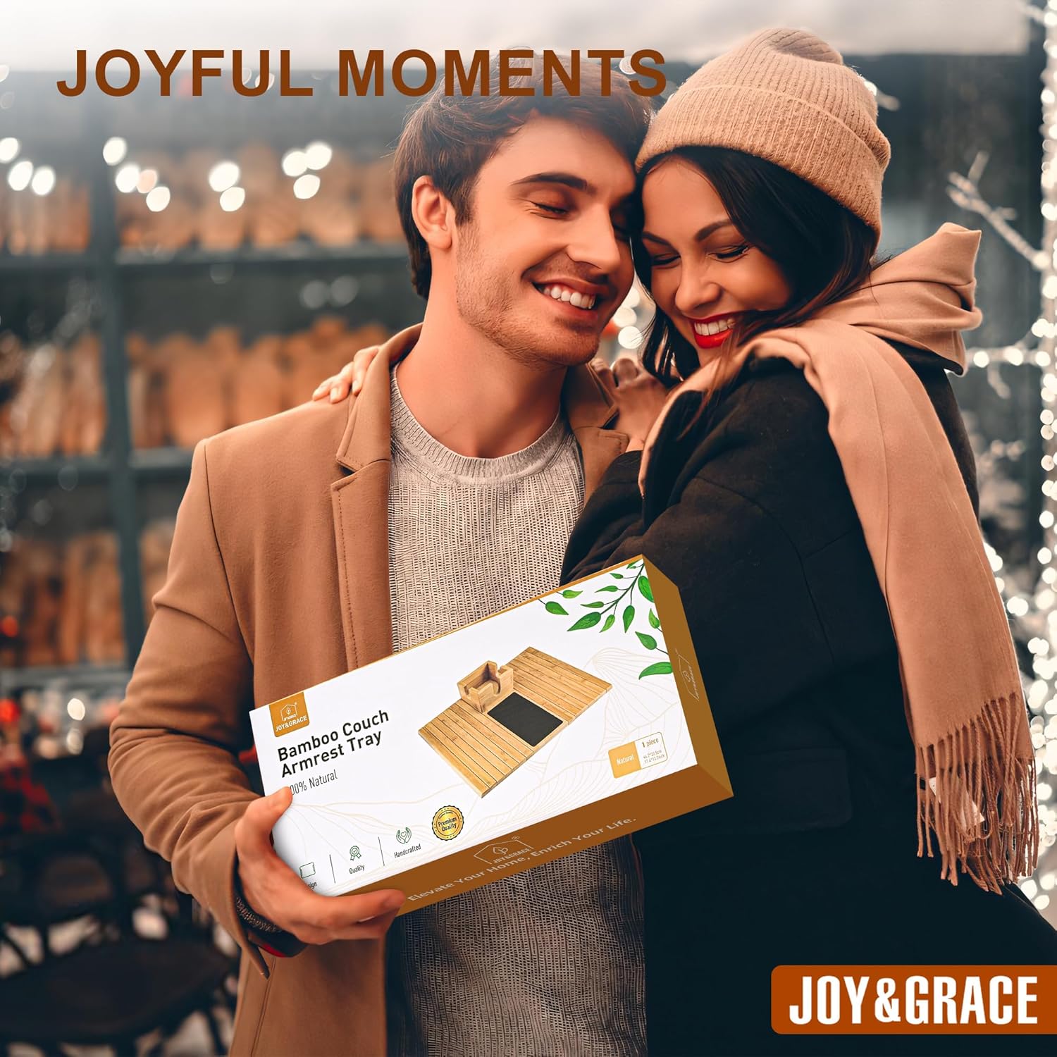 Joy&Grace Sofa Armrest Tray with Large Mug Holder, Bamboo Couch Arm Tray, Anti-Slip Couch Cup Holder Foldable Sofa Arm Table for Eating Drinks Cellphone (Color Natural)