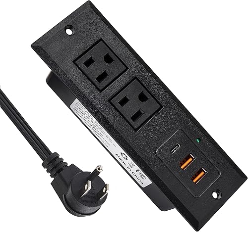 Miniatura 3 de Regleta de alimentación empotrada con puertos USB-C, PD 3.0 20 W de carga rápida máxima, 2 puertos USB A, con enchufe plano de 6 pies y 45 grados,