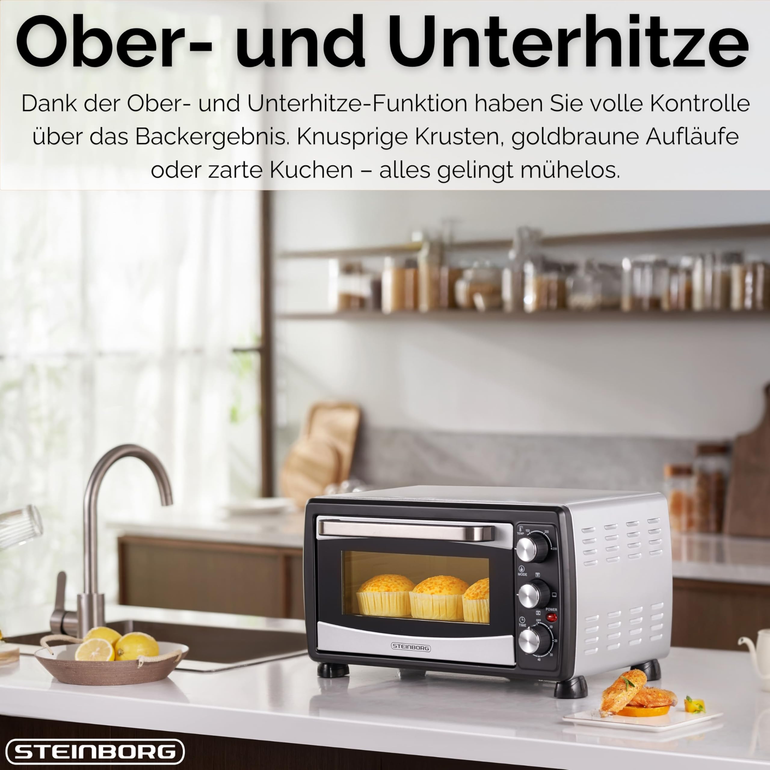 Steinborg Mini piekarnik konwekcyjny, 20 l, piec do pizzy, konwekcja, grzanie górne i dolne, 1400 W, mini piekarnik z timerem, mały piec kempingowy lub
