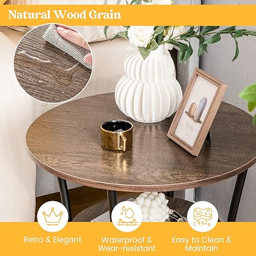 Miniatura 5 de Giantex Mesa auxiliar redonda, mesa auxiliar industrial con 2 estantes de almacenamiento y marco de metal resistente, mesa de noche versátil para