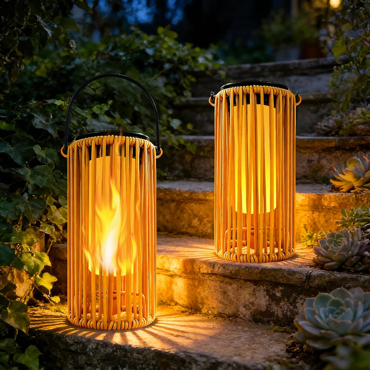 Solar Rattan Lanterns Outdoor Waterproof, Hanging Flickering Flame Lights | Realistic Flickering Flame Effect,8-10h Runtime,IP65 Waterproof,Retro Style,Patio Yard Garden Decor,Gifts for Women, Mom