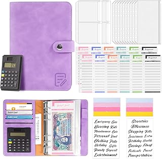 HAKPNEW A6 Budget Binder with Calculator, 30Pcs Leather Money Saving Wallet, 12 Cash Expense Envelopes and Budget Sheets, Savings Binder for Money Organiser Travel Diary Offices Christmas Gifts