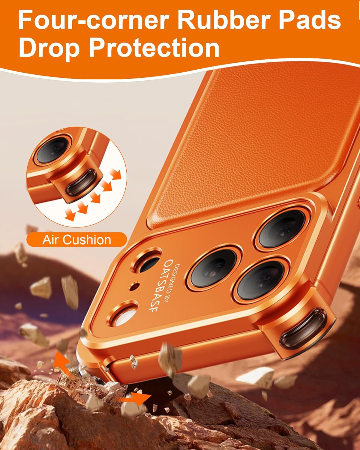 Frameless Bumper Case for iPhone 17 Pro Max, Compatible with MagSafe, Leather Metal Protective Cover with Camera Protection, Minimalist Military Shockproof Phone Accessory, Cosmic Orange