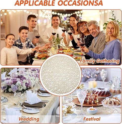 Miniatura 6 de Sieral Paquete de 60 manteles individuales redondos dorados de 15 pulgadas, de vinilo prensado, resistentes al calor, manteles individuales dorados