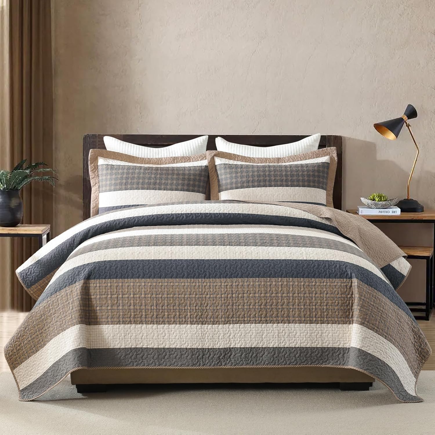 Finlonte 100% Cotton Quilt Set, Striped Farmhouse Reversible Lightweight Quilted Bedspreads, 3-Piece, Brown/Cream/Beige/Gray, King Size