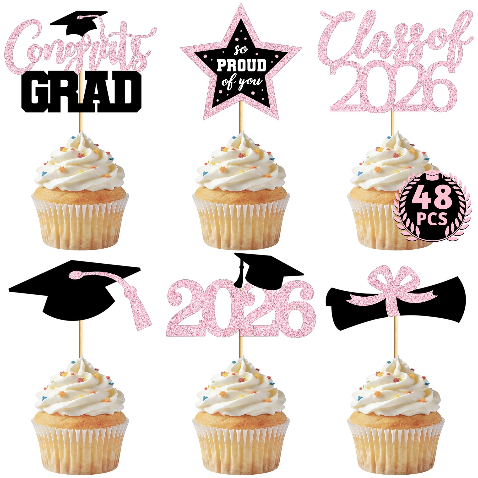 48 PCS Grad Cupcake Toppers, 6 Styles Graduation Cake Topper, Congrats Glittery Graduation Decorations 2026, Black and Pink Cap and Diploma Cake Picks for Grad Party Supplies