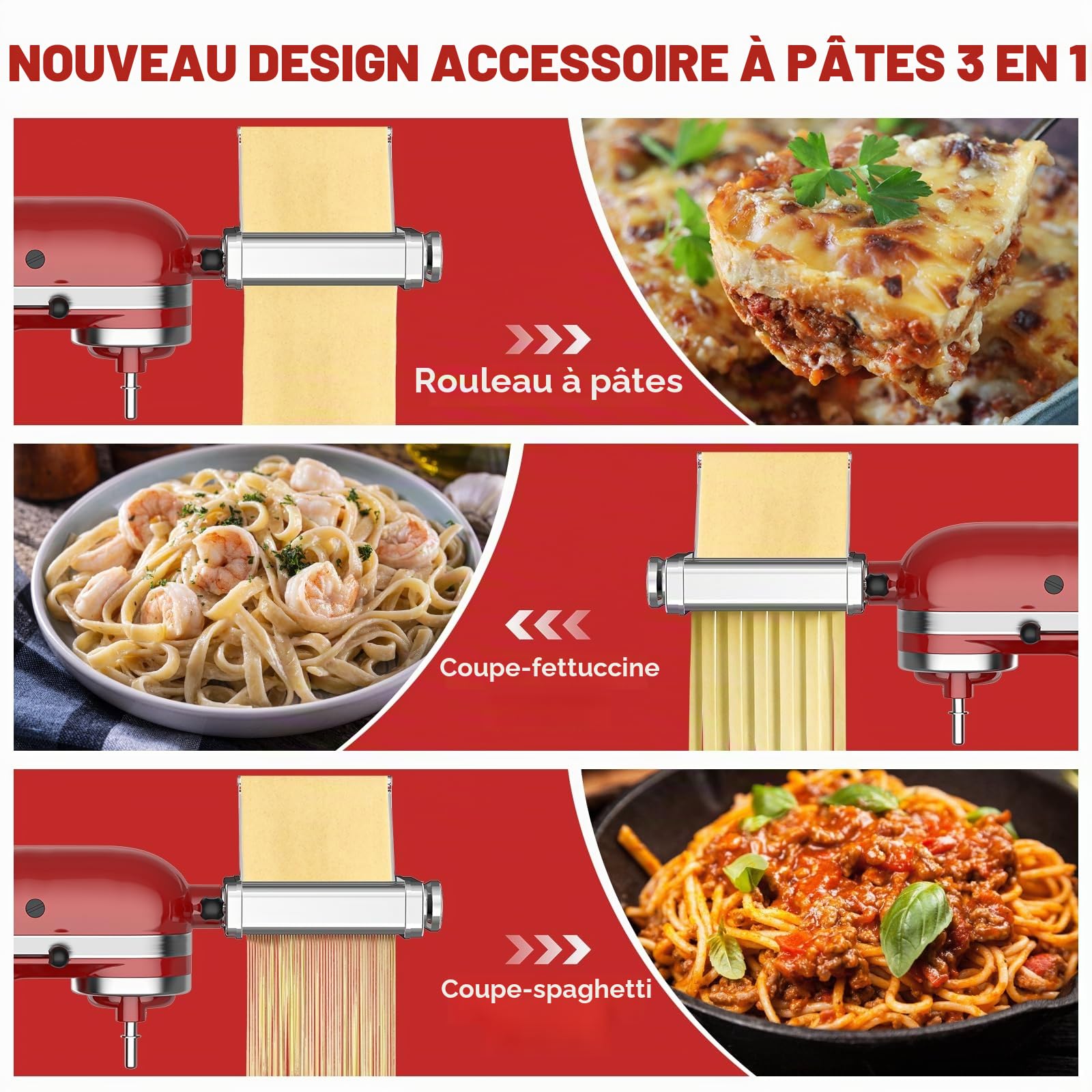 Gvode Accessoire Pâtes 3 en 1 Acier Inoxydable pour KitchenAid Artisan, Laminoir Acier Inoxydable pour KitchenAid, Découpe Spaghetti, Fettuccine et Feuille de Pâtes, Plaque Guide Inox