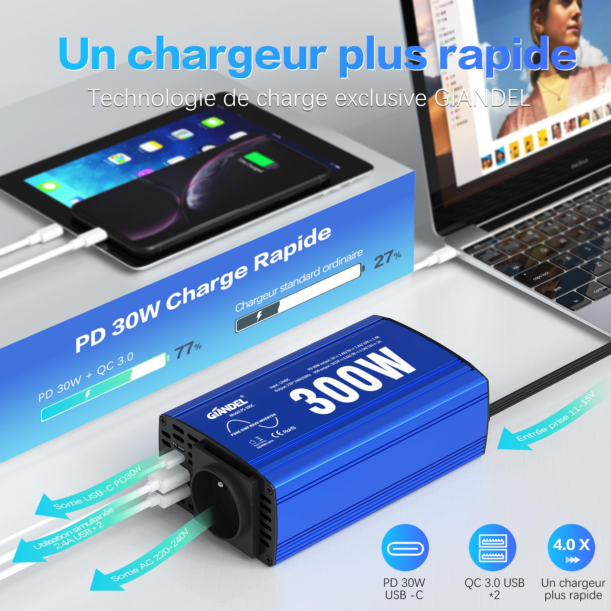 300W Pur Sinus Convertisseur 12V 220V 230V Onduleur à Onde Sinusoïdale Pure Adaptateur de Voiture avec PD30W Type-C & QC 3.0 Type-A USB pour Tablettes Portables Smartphones GIANDEL