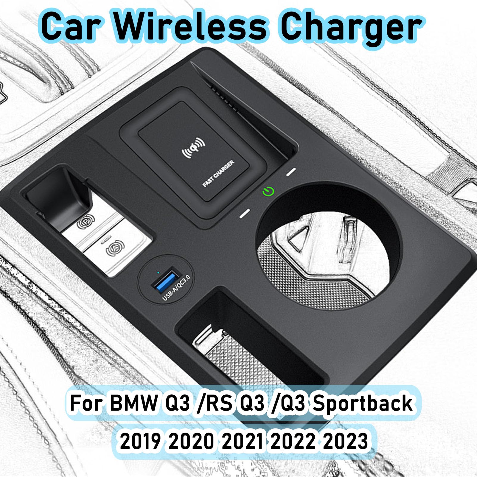 Caricabatterie Wireless per Auto per Q3 2019-2023 Q3 Sportback 2020-2023 Tutti i Modelli Accessorio con 15 W Wireless e USB Qc3.0 Ricarica Rapida Regalo per la Famiglia