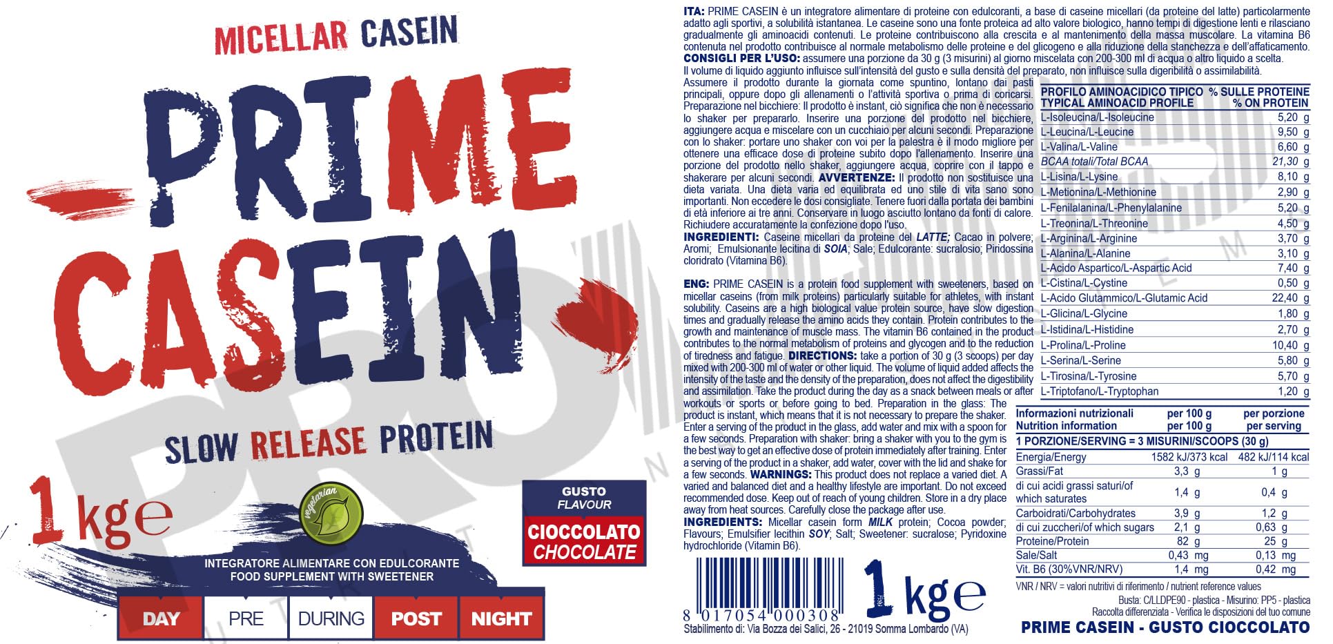 PROLABS PRIME CASEIN - 1 Kg - Cioccolato - Integratore alimentare di proteine del latte - Purissime caseine micellari - Crescita e mantenimento della massa muscolare