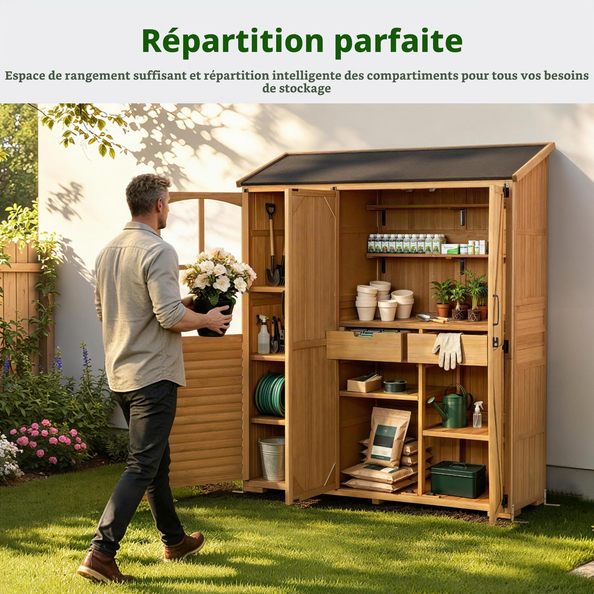 M MCombo Armoire de Jardin en Bois avec 7 étagères&2 tiroirs, abri à Outils résistant aux intempéries, abri de Jardin d'extérieur étanche, abri à Outils pour l'extérieur, 0982 (Naturel)