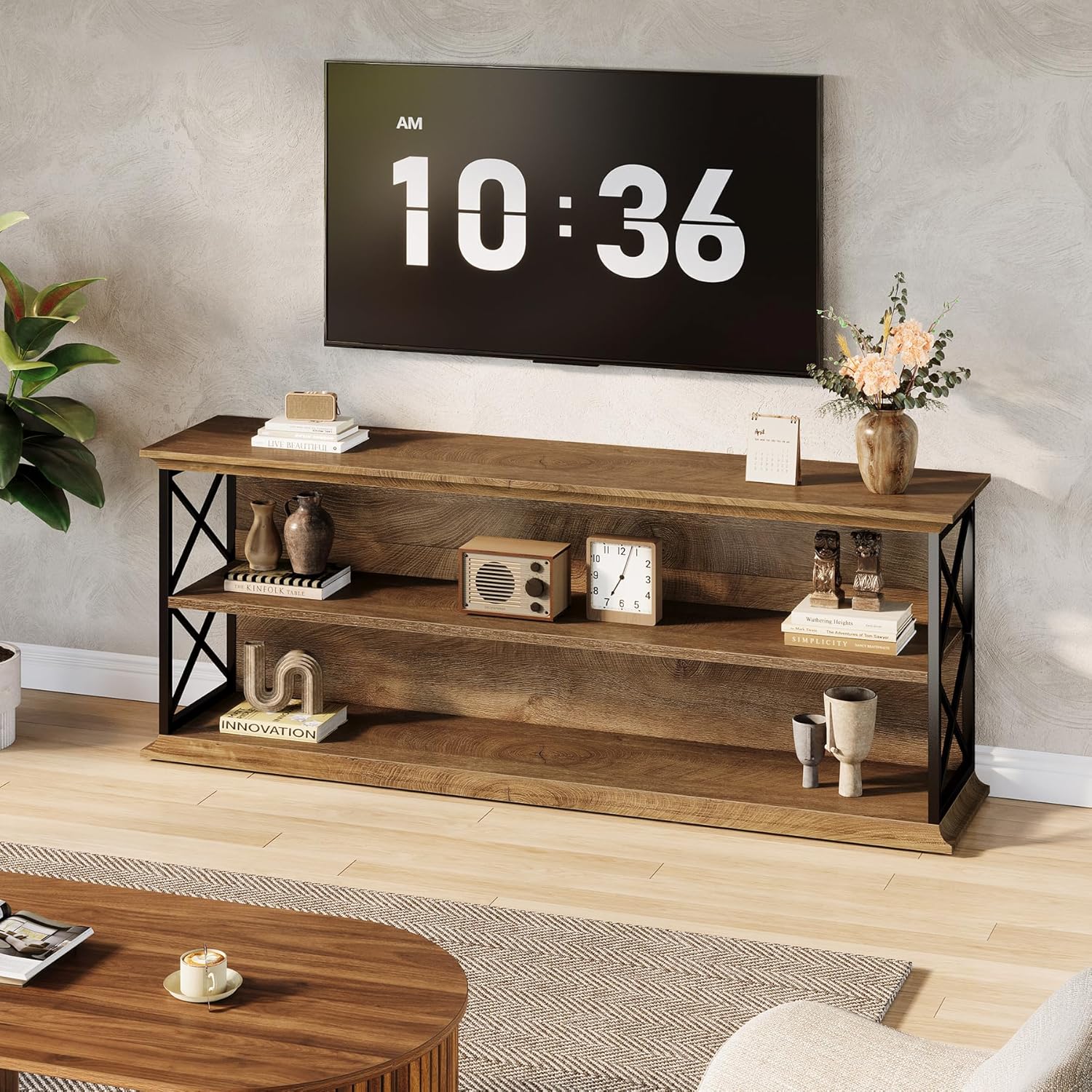 Tribesigns TV Stand for TVs up to 75 Inch, 63-Inch Entertainment Center with Open Storage, Wooden Rustic Media Table for Living Room, Bedroom, Brown