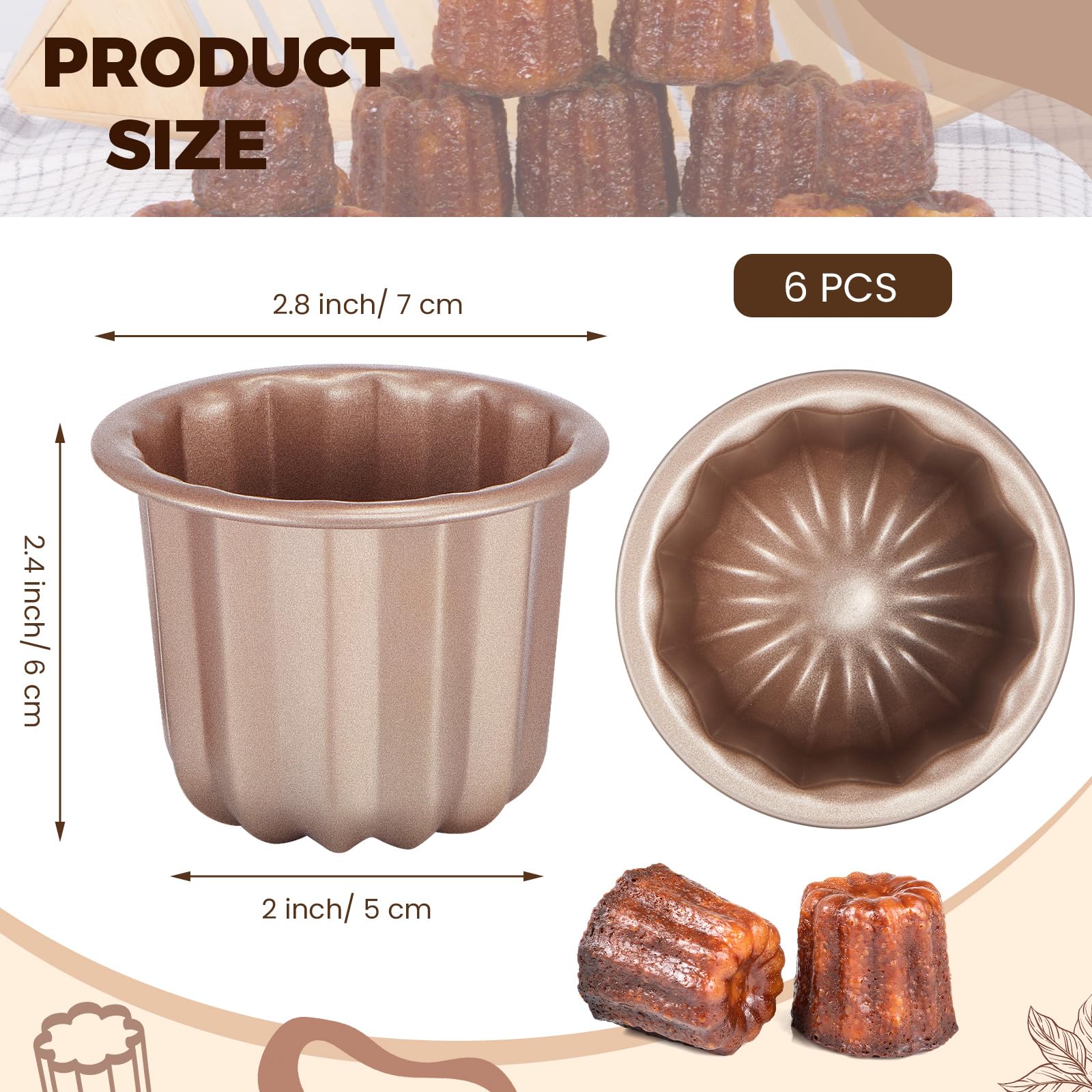 Blushtier 6 moldes de canele antiadherentes de 2.9 pulgadas, moldes para magdalenas, moldes de acero al carbono, moldes de pastelería, mini soportes para magdalenas, moldes para tartas, moldes para
