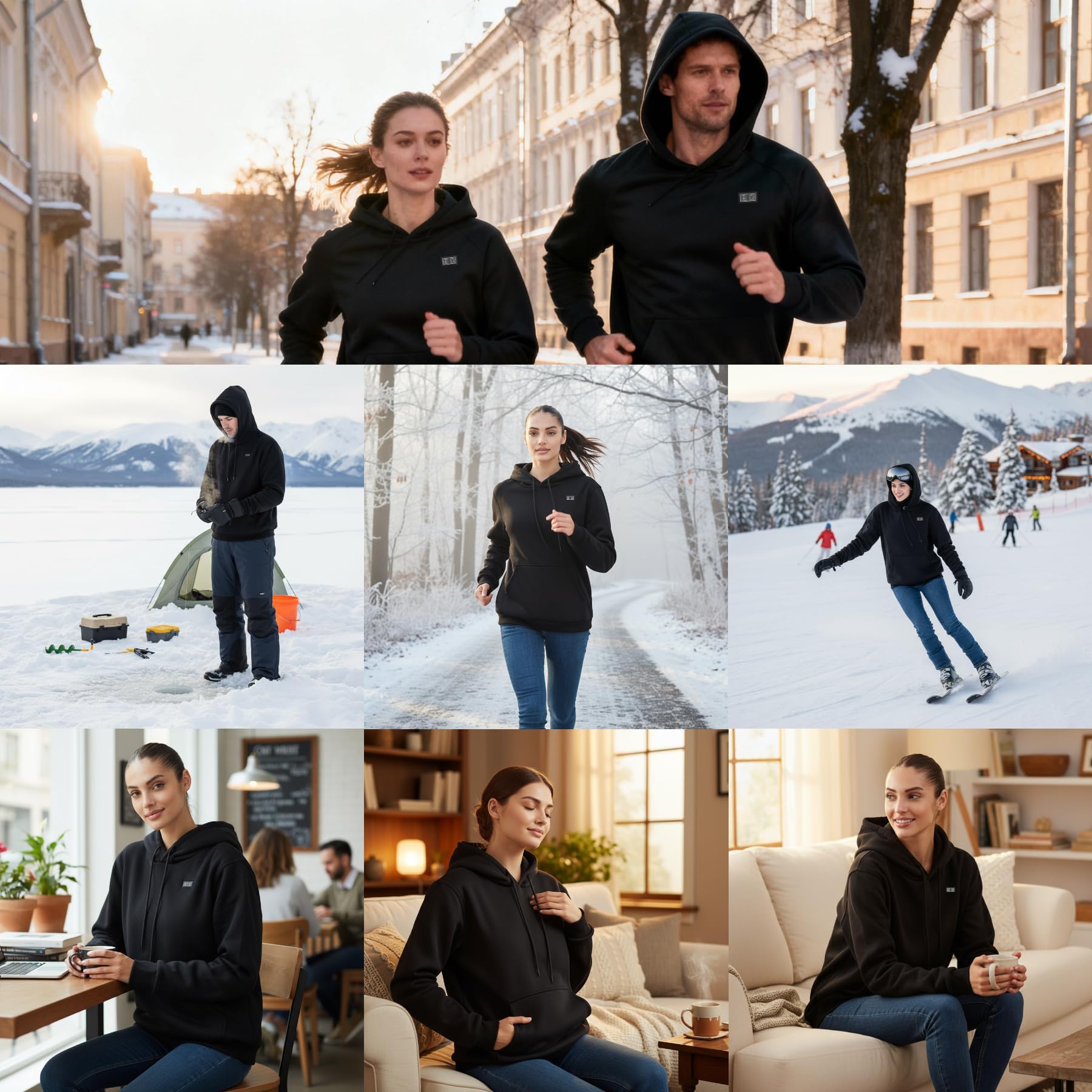 Beheizbarer Hoodie Damen Herren mit Fleecefutter 7,4 V 16000 mAh Akku, Beheizbare Pullover Beheizte Jacke für Skifahren Motorrad Camping, 3 Temperaturstufen 6 Heizzonen