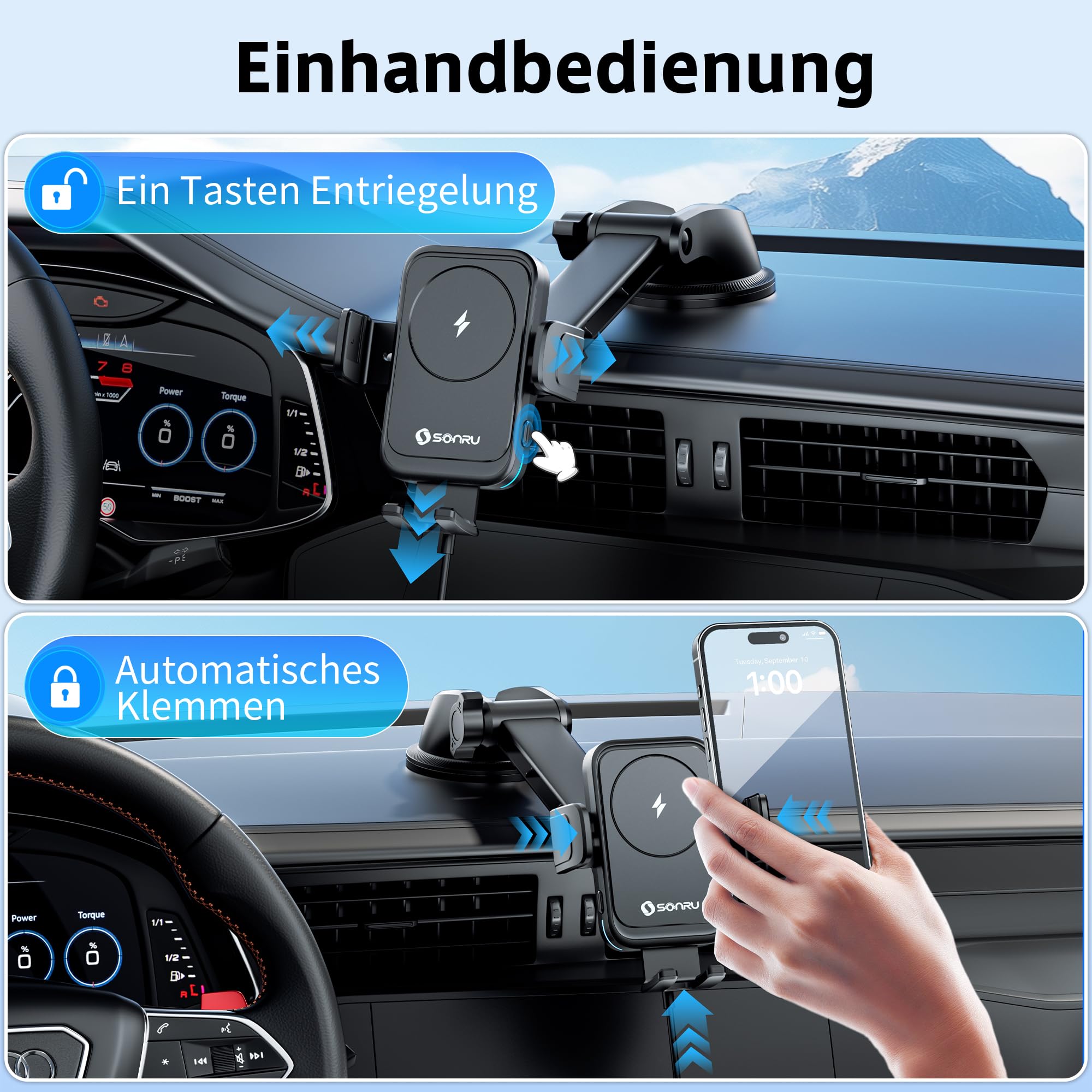 SONRU Handyhalterung Auto mit Ladefunktion,15W Kfz Handyladestationen Handy Halterung Auto Induktives Laden,Handyhalterung Auto Lüftung Saugnapf für Samsung iPhone LG Google Pixel