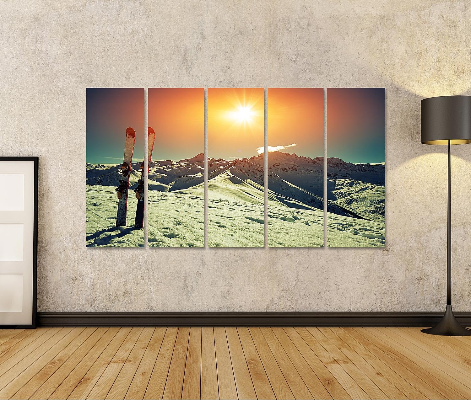 islandburner Wandbild auf Leinwand Skier im Schnee vor majestätischen Bergen im - 5-teilig XXL