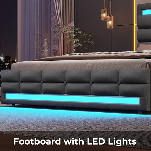 Miniatura 7 de ADORNEVE Marco de Cama LED Queen con 4 Cajones y 2 Estaciones de Carga USB, Marco de Cama con Plataforma Tapizada Tamaño Queen con Luces LED en Gris