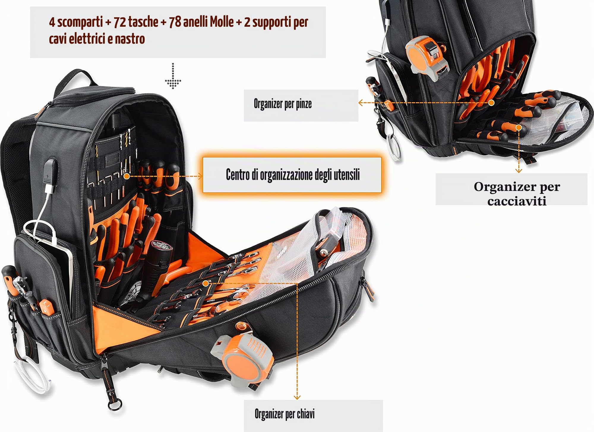 WELKINLAND Zaino porta attrezzi con 72 tasche e rotelle, Grande borsa porta attrezzi con ruote, Borsa porta attrezzi per elettricisti con rotelle per uomini