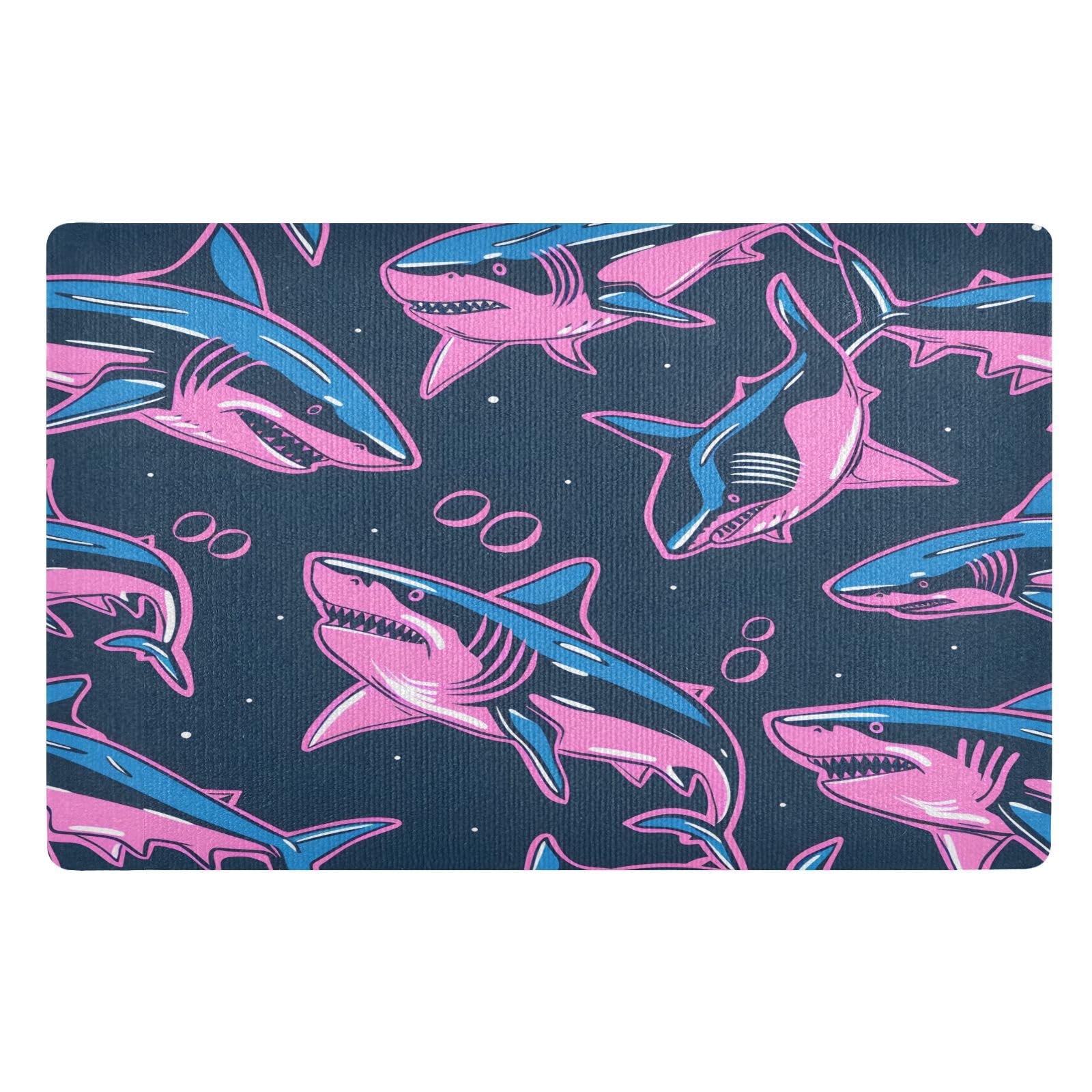 Paillasson requin bleu rose 50x80 cm absorbant lavable