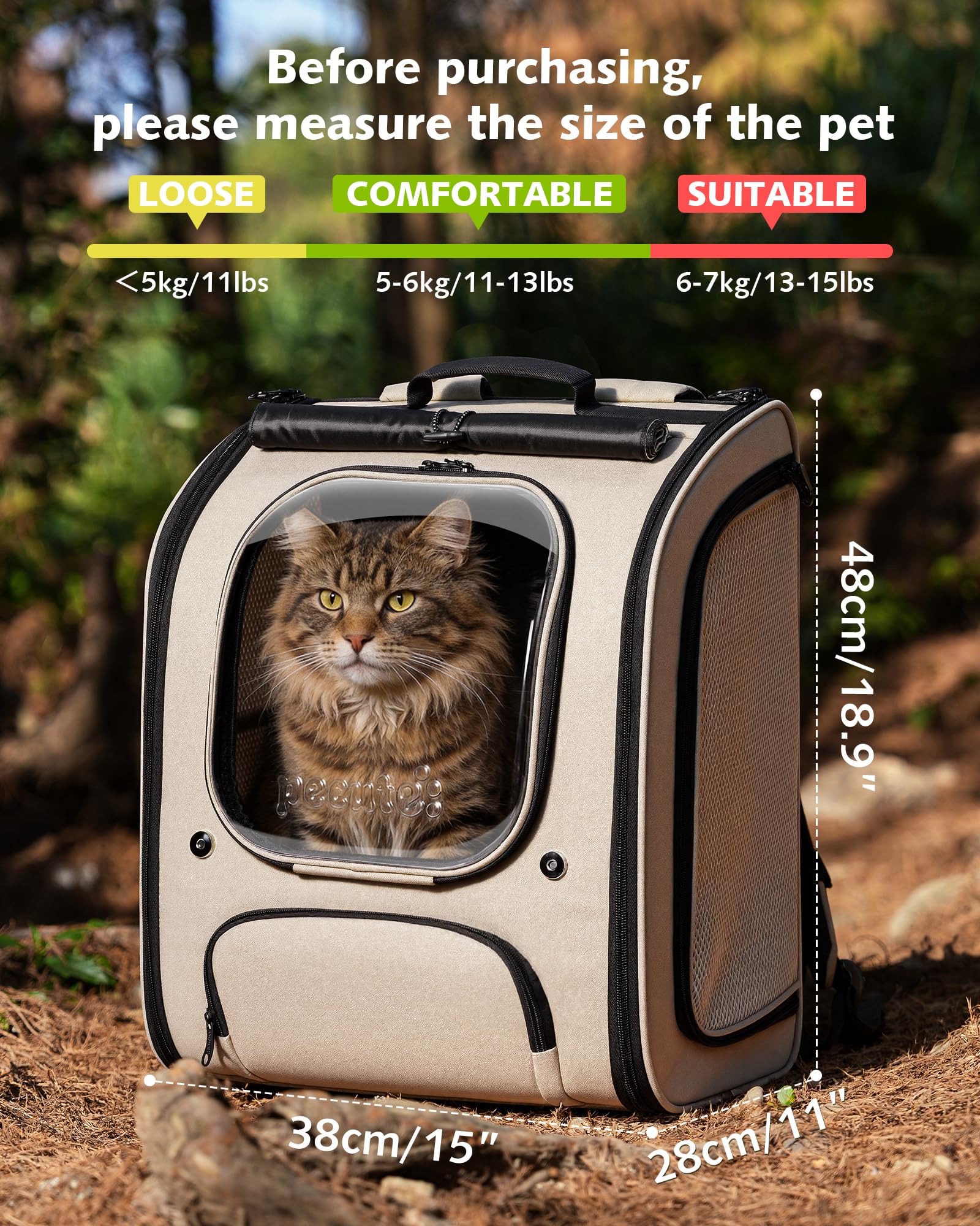 pecute Katzenrucksack Bubble Haustier Rucksack mit Netzfenster, Tragbare und Faltbare Katzentasche, Atmungsaktive und Leichte Hundetasche für Hunde Katzen Haustiere, Khaki (48 * 38 * 28cm)
