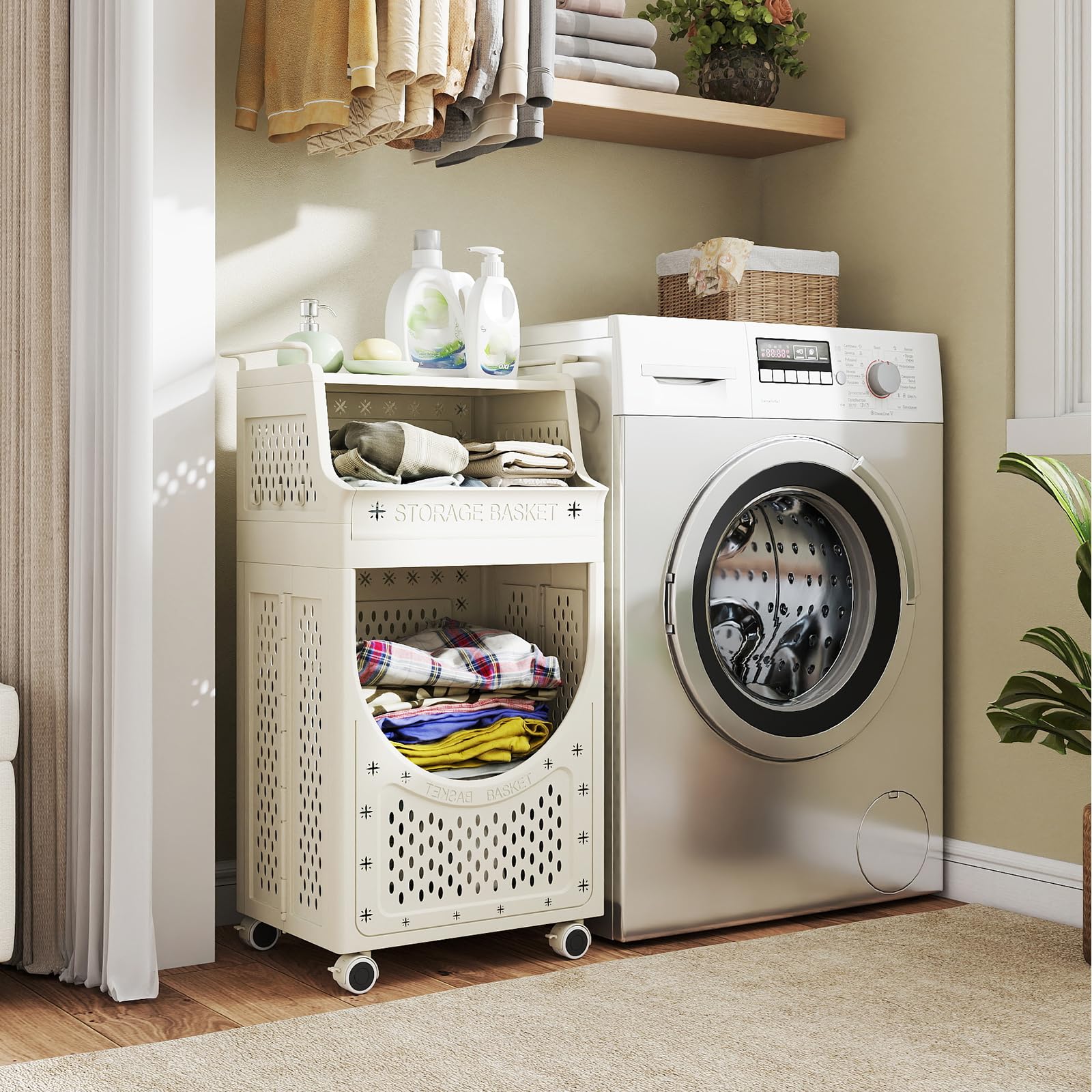 GIANTEX - Carrello portabiancheria con 4 ruote e 6 ganci, cesto per la biancheria da 40 L, design pieghevole, contenitore per la biancheria e organizer per bagno, camera da letto, dormitorio