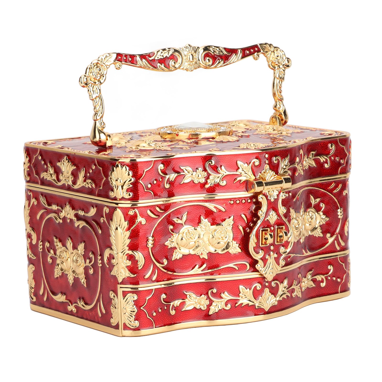 Vintage Trójwarstwowe Pudełko na biżuterię, Emaliowany Organizer na Drobiazgi w Stylu Retro, Organizer Biżuterii z Lustrem, Zamkiem i Kluczem, Idealny do Pierścionków, Kolczyków i
