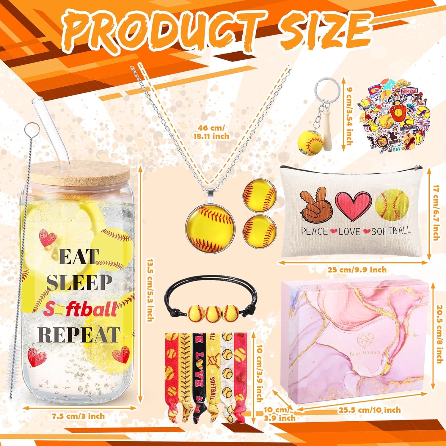 63 Pcs Softball Gifts for Her Lovers Gift with 16OZ Glass Cup Makeup Bag Softball Hair Ties Stickers Necklace Earrings Bracelet Keychain Stuff for Women Girls - Image 5