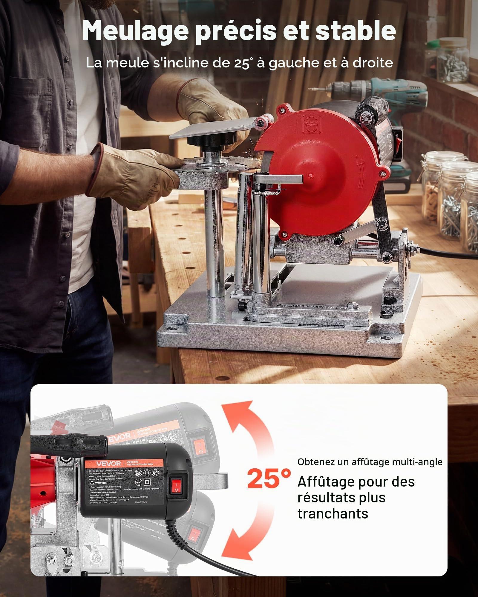 VEVOR Affûteuse de Lame de Scie Circulaire 140 W Machine à Affûter Lames de Scie Circulaire Électrique 90-400 mm pour Affûtage Angle Inclinable 5700 tr/min avec Meule Céramique et Diamantée 100 mm